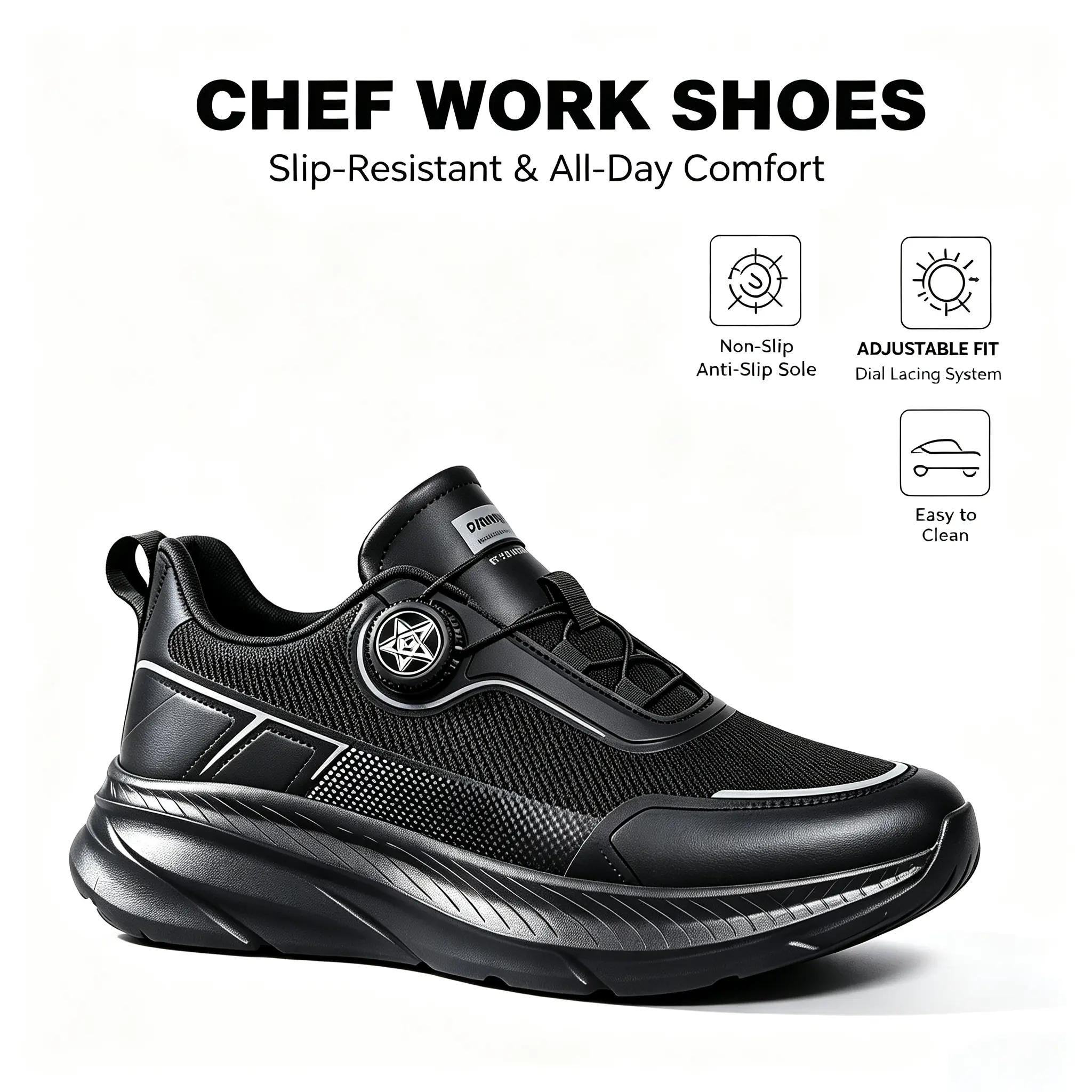 Men's non slip casual shoes, round toe work clothes training shoes, with non slip, oil resistant and waterproof soles, closed shoes, women's walking shoes. Manually adjust the rotating buckle to tie shoelaces