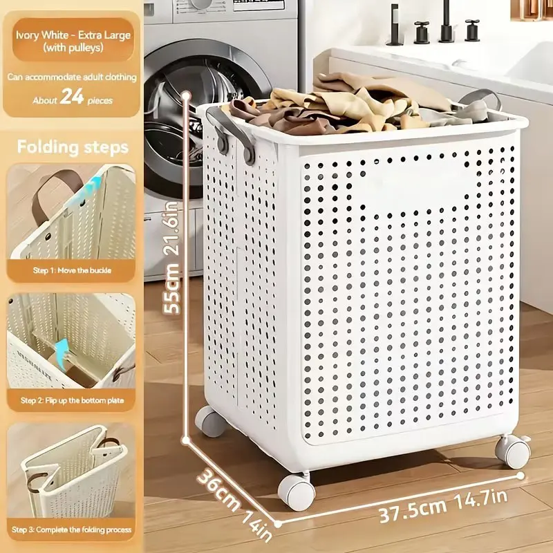 15.8/20 Gallon Large Foldable Wheeled Laundry Basket Without Lid – Cream Color, Faux Leather, Portable Collapsible Laundry Hamper for Bathroom, Bedroom & Laundry Room