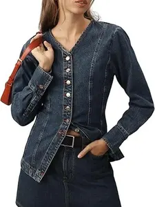 YEXPINE Women's Collarless Denim Jacket Long Sleeve Button Down V-Neck Slim Fit Jean Jacket Denim Top