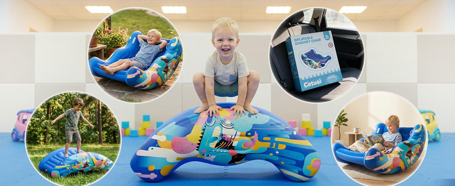 Crakrora Child-Sized Montessori Rocking Chair for 3-8 Year Old Boys, Inflatable Air Cloud Rocker Sofa with Storage, Sensory Room Supply for Autism ADHD, Premium Leak-Proof PVC, Portable Inflation, Self-Soothing Motor Skills Training Birthday Cool Gift,soh