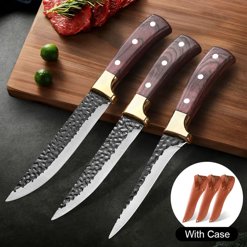 3Pcs Forged Stainless Steel Kitchen Knife Set - Ultra-Sharp Arc Boning Deboning Blade with Sheath for Carry, Covers for Storage, Professional Butcher Knife for Precision Cuts, Father’s Day Gift