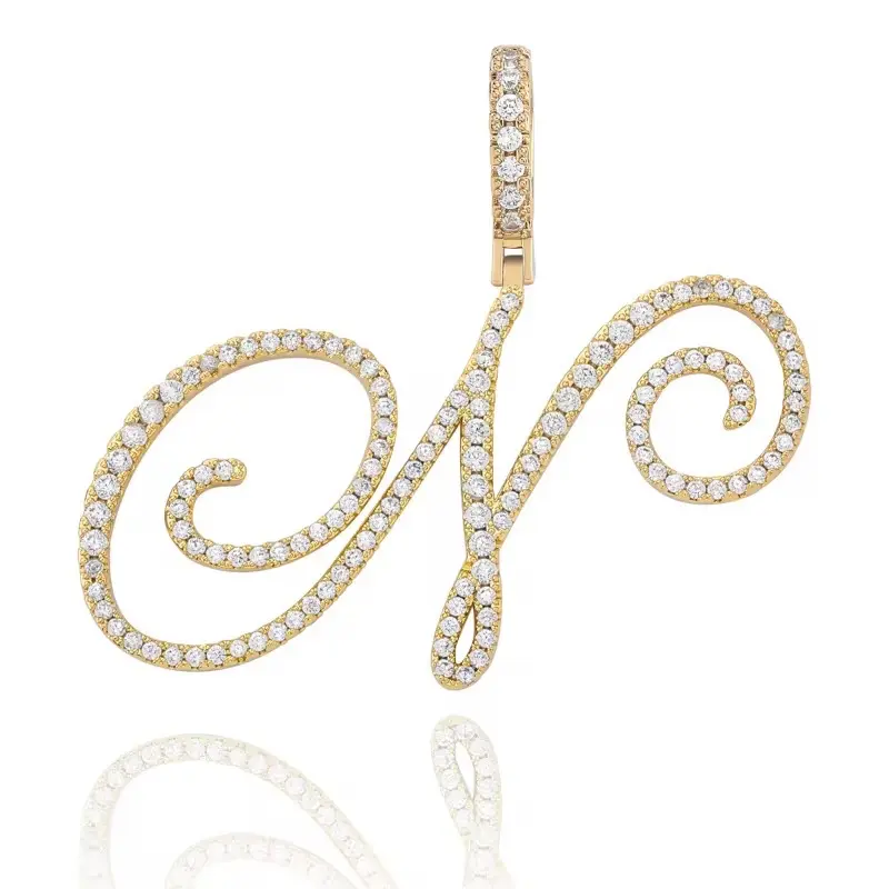 Custom Script Initial Necklace - Personalized  Simulated Diamonds Pendant in Gold Plated Brass 16 Inch Chain with Extender for Everyday Elegance