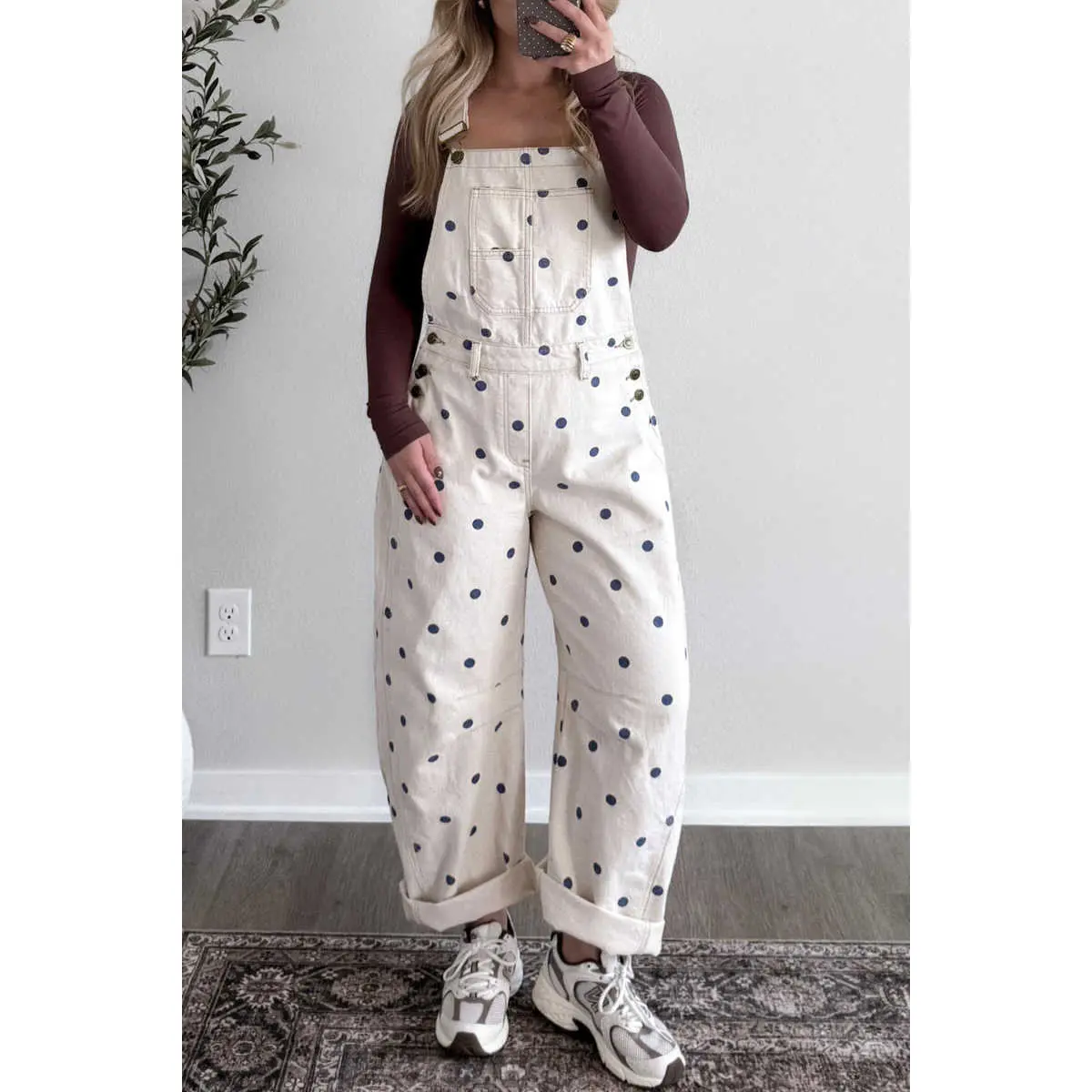 Women's Cotton Cute Polka Dot White Denim Overalls - Strappy Adjustable Bib Jumpsuit, Casual Loose Wide Leg Workwear, Everyday Vintage Streetwear Outfit for Fall Style, Breathable
