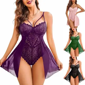 Lingerie For Women Womens Lace Bodysuit Sexy Nighty Mesh Sleepwear V Neck Chemise Nightgowns