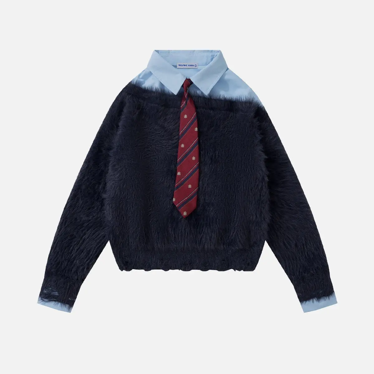 Aelfric Eden Tie Two Layer Sweater Unisex Trendy Streetwear Faux Fur Faux Shirt Collar Pullover Oversized Casual Stylish Warm Long Sleeve Top