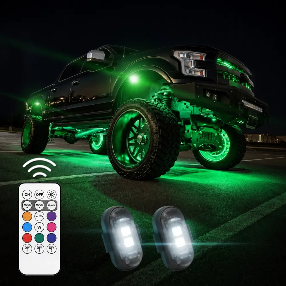 RGB Underglow Light Kit for Car Truck SUV, 10 Mode Wireless LED Atmosphere Lights, Interior Exterior Ambient Lighting Accessories DIY Waterproof Decorative Work Light, Rock Light Style Accent Kit Enhances Vehicle Aesthetic, USB rechargeable Remote Control