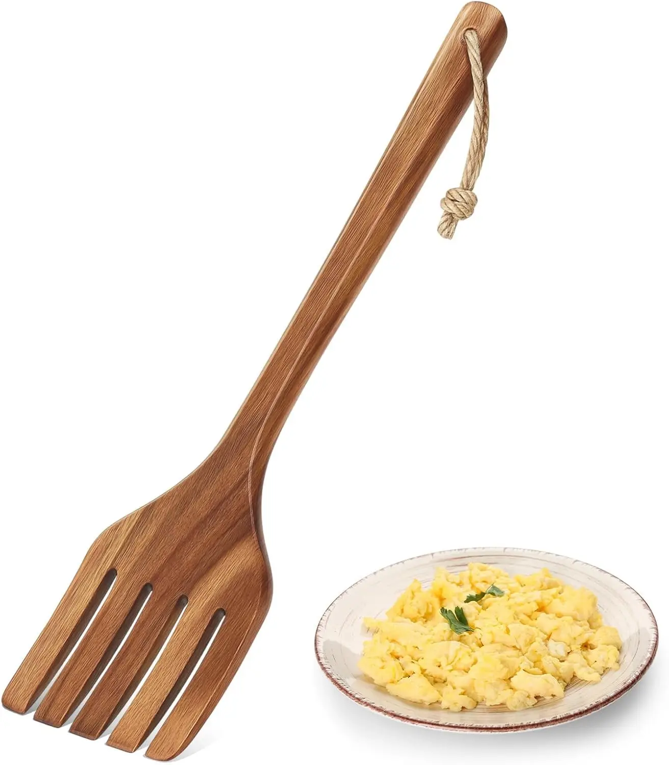 13 Inches Acacia Wooden Five Tines Long Handle Fork for Cooking Baking Salad Pasta Grill Kitchen Utensils for Home Restaurant