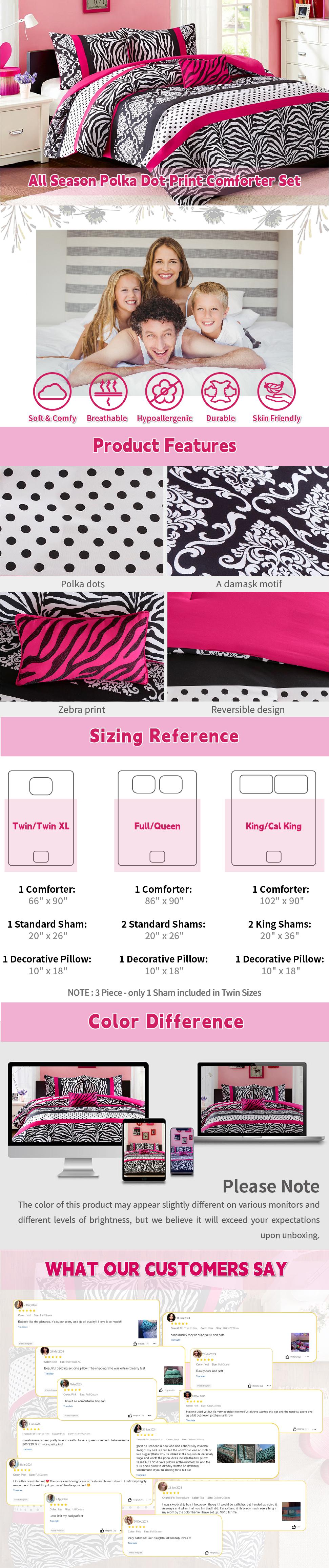 4 Piece Comforter Set Fun Bedroom Decor - Modern All Season Polka Dot Print, Vibrant Color Cozy Bedding Layer, Matching Sham, Decorative Pillow, Zebra Pink, Reagan