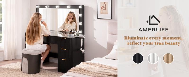 AMERLIFE 36.2/47.2" Fluted Vanity Desk with Mirror and Adjustable LED Lights, Large 4/7 Drawers Makeup Table with Glass Top and Charging Station for Women and Girls, Bedroom or Dorm/Best Gift Ideas/Christmas Gifts
