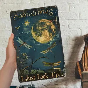 Vintage Moonlight Garden Aluminum Art Sign - 8x12in, Starry Dandelion & Dragonfly Design, Hand-Painted Wall Decor for Patio, Cafe, Office, Distressed Blues Metal Panel, Rustic Home Decor, Outdoor Decor