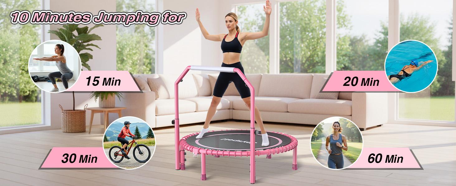 JoySpot 450 LBS Foldable Trampoline, 40" Indoor Fitness Rebounder with U-Shape Adjustable Foam Handle, Quiet Bungee Jump System & Cordless Jump Ropes, Indoor&Outdoor fitness, Yoga, for Adults
