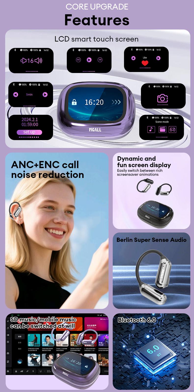 MGALL C18 Open-Ear Wireless Headphones with 2025 Bluetooth 6.0, Supports 169-Language Translation, LED Full-Color Touch Smart Screen, ENC Noise Cancellation, Remote Photography & Anti-Loss Function, Audio Earbuds for Music & Calls