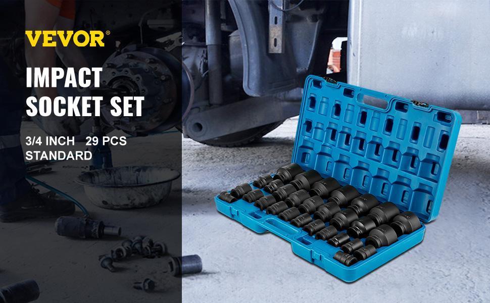 VEVOR Impact Socket Set 3/4 Inches 29 Piece Impact Sockets, 6-Point Sockets, Rugged Construction, CR-M0, 3/4 Inches Drive Socket Set Impact SAE 3/4 inch - 2-1/2 inch, with a Storage Cage