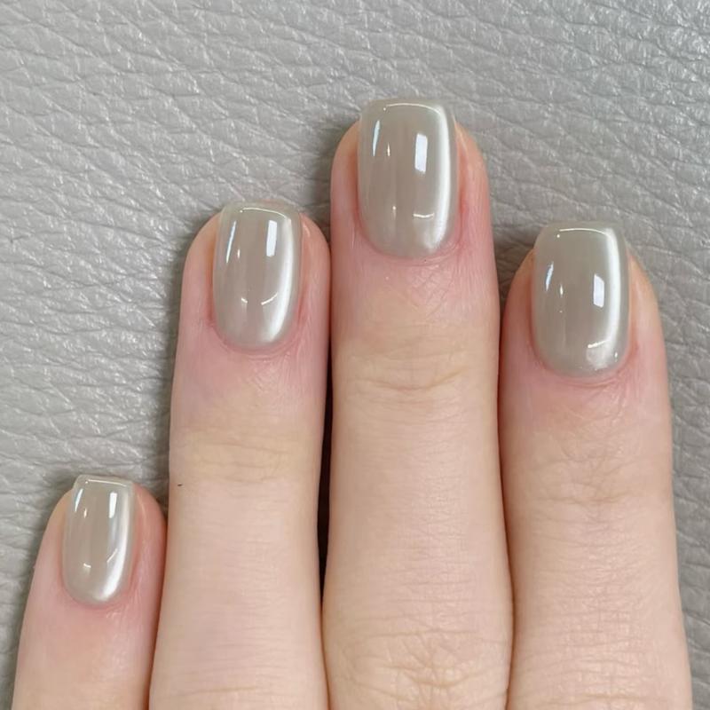 20 Pieces (2 sets) Gleaming Cat Eye Square False Tips Subtle Nude Pink Glossy Reusable Fake Stick on Nails Kit for Women