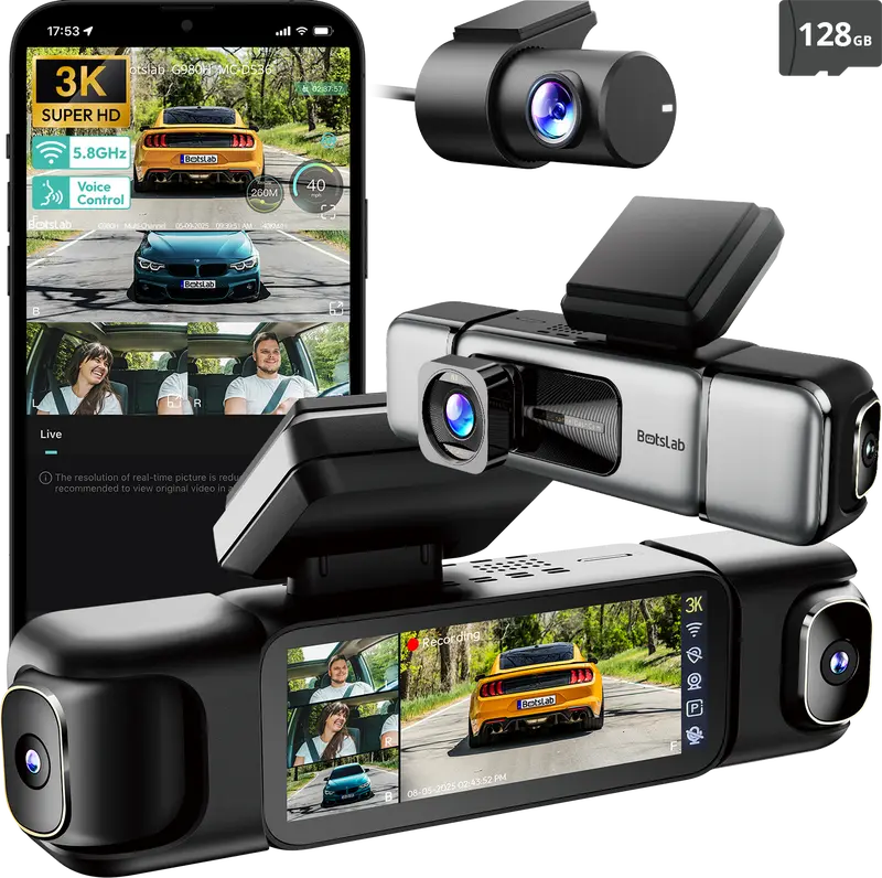 Botslab 4/3 Channel 3K Dash Cam with 3.18" Touch Screen, Sentry Mode, 24/7 Parking, Built-in GPS, 5.8G WiFi, Night Vision, Voice Control, 128GB Card Included