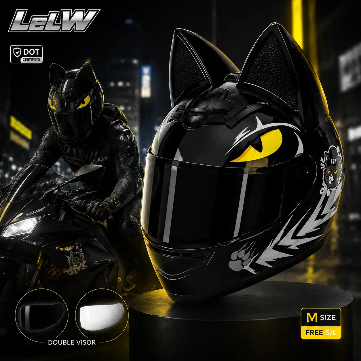 LeLW Halloween Custom Cat Ear Full Face Motorcycle Helmet - DOT Certified, Bluetooth Ready, Dual Anti-Fog Visor, Lightweight Ventilated, Free S & L Fit Pads, Moto Gear for E-bike Bikers, None