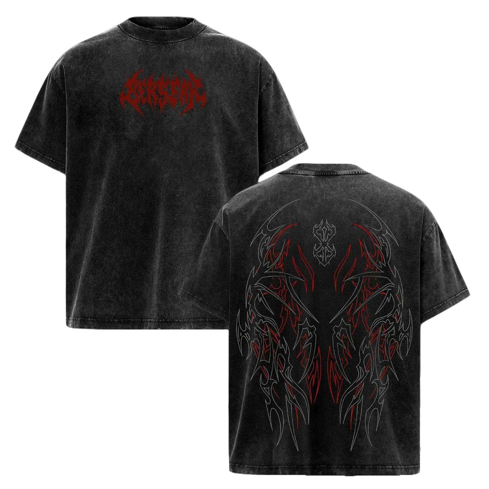 Men's Berserk Graphic T-Shirt - Heavy Washed Cotton, Oversized Baggy Casual Round Neck Short-Sleeve, Vintage Retro Look All-Season Men’s Clothes Street Style Gym Top