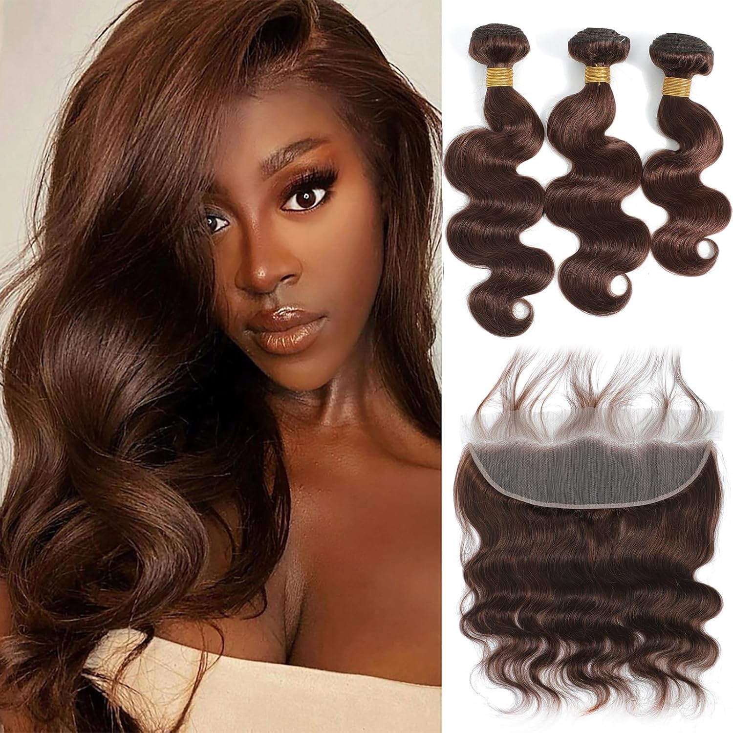 Chocolate Brown Bundles Glossy Hair Bundles Brazilian Body Wave Bundles with Lace Frontal Raw human hair bundles 100% Unprocessed Brazilian Virgin Hair Bundles Quick Weave Hair Extension Outdoorfun Wig valentines gifts for gf