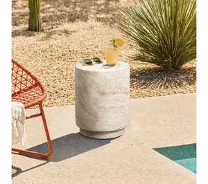 LuxenHome Travertine-Style Round Textured MgO Side Table