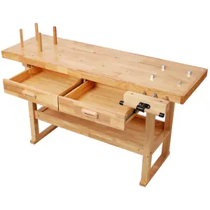 60" Professional Rubberwood Solid Wood Workbench with 2/4 Drawers Open Shelf Natural Finish for Garage Woodworking Carpenter Workshop & Home Use