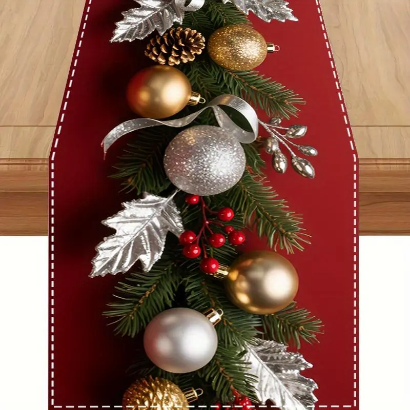 1pc Rectangular Polyester Luxurious Flat-Print Christmas Table Runner - Red Base with Golden-Silver Decorative Balls Prints, for Home & Party Decoration Supplies