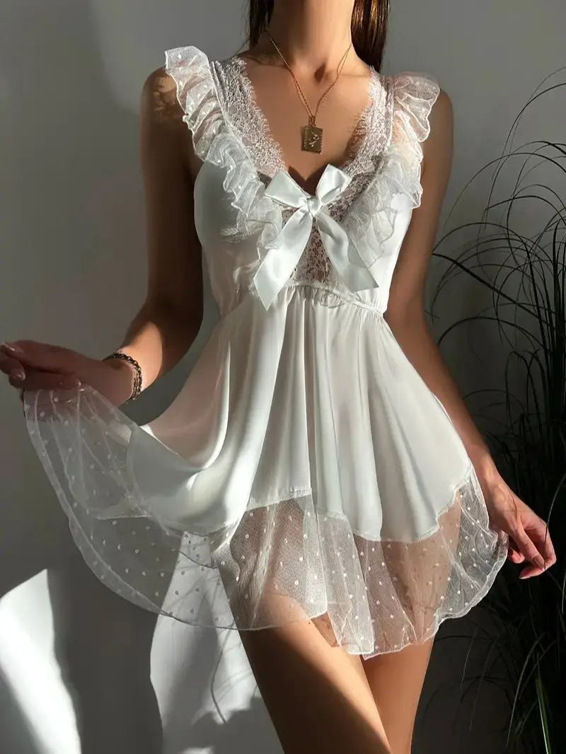 Women's Chic Cami Nightdress, Basic Plain Halter V-Neck Sleeveless Loungewear with a Decorative Bow Accent, Sleeveless Cami Nightdress, Chic Detail, Lady, Women's Clothes