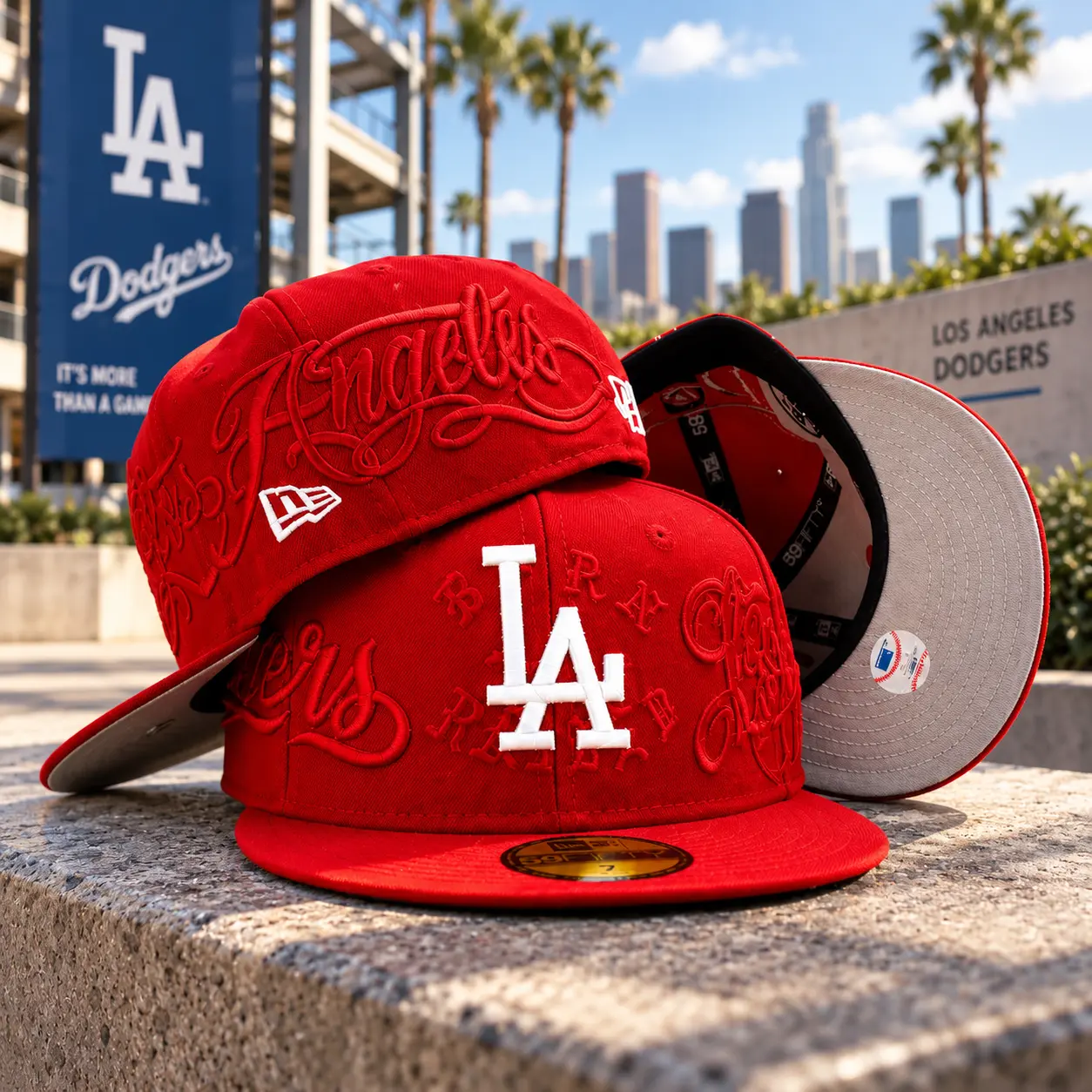 LA Red Fitted Baseball Hat – Los Angeles All Over Embroidered Flat Brim Cap with White LA Logo, Urban Streetwear