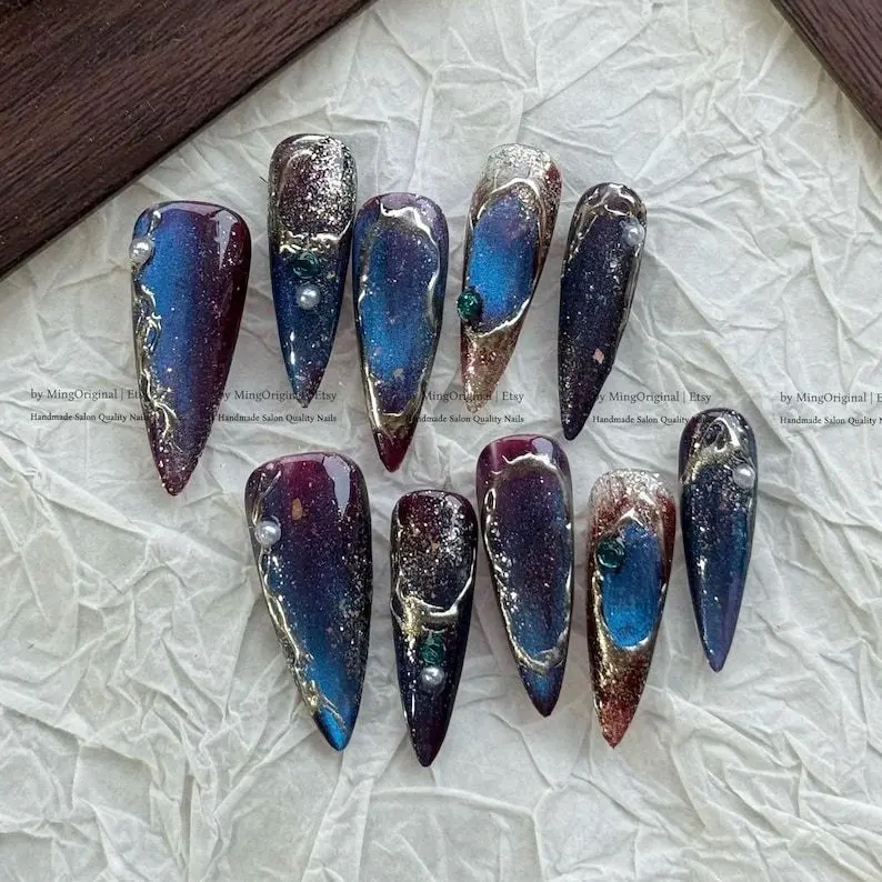 Galaxy cat eye nails, purple magnetic nails, blue starburst fake nails, hand painted glitter nails, baroque pearl,MO1073 Nail Art Kit Nail Box sohochic