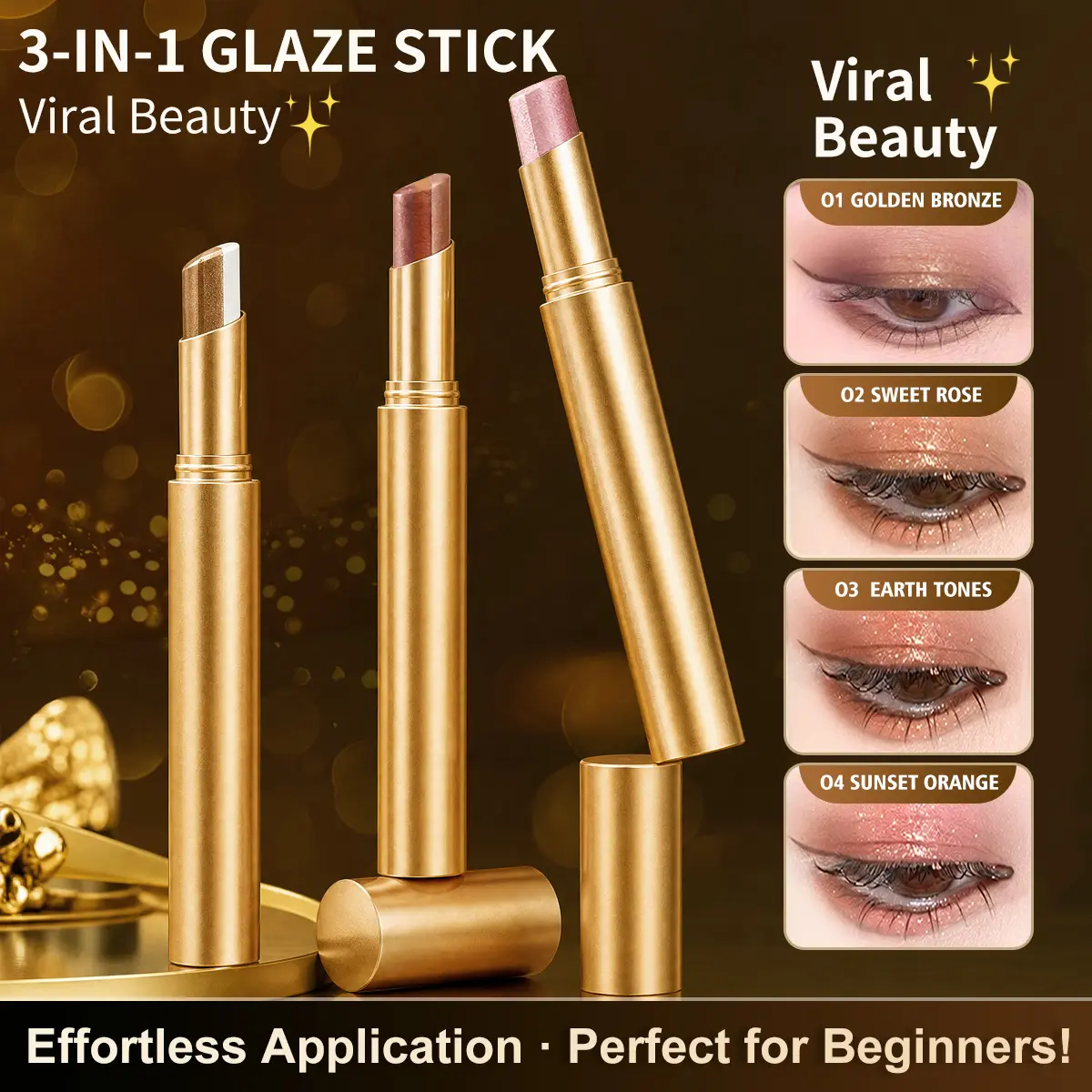 Buy 1 Get 3 Free! Women's 3-Color Gradient Eyeshadow Stick - Makeup, Long-Lasting, Waterproof, Creamy, Portable, Smudge-Proof, Glossy Shimmer, Apply Easily, CI 77891, Day Night Wear (Fine Shimmer Brownish Orange)