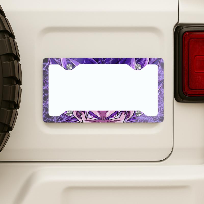 Purple Electric Anime Eyes Metal License Plate Frame Dragon Villain Face White Aluminum Full-Color Glossy Finish Pre-Drilled Holes Standard 12.3"x6.5"