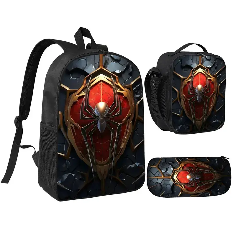 Kids' 3-Piece Basketball School Backpack Set - Large Capacity Backpack, Insulated Lunch Bag, Pencil Case with Stylish Spider Print Adventure Theme for Travel & Daily Equipment Carry