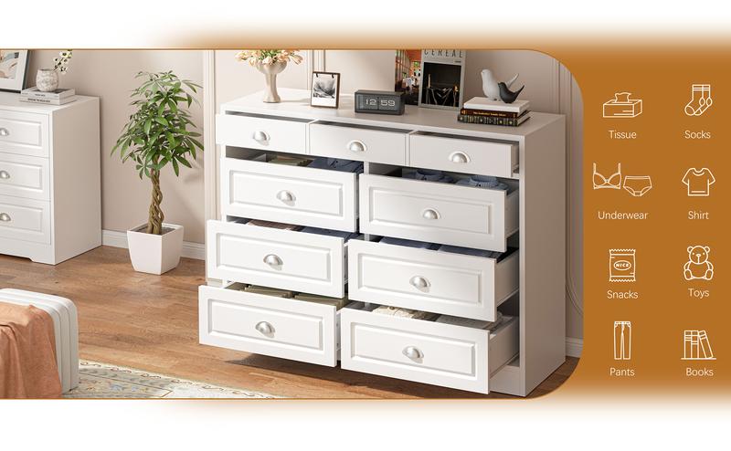 Walsunny Dresser for Bedroom with 9 Drawers, Farmhouse Wood Clothes Storage Cabinet Pantry Bins Organizer for Living Room, Entryway and Hallway, White