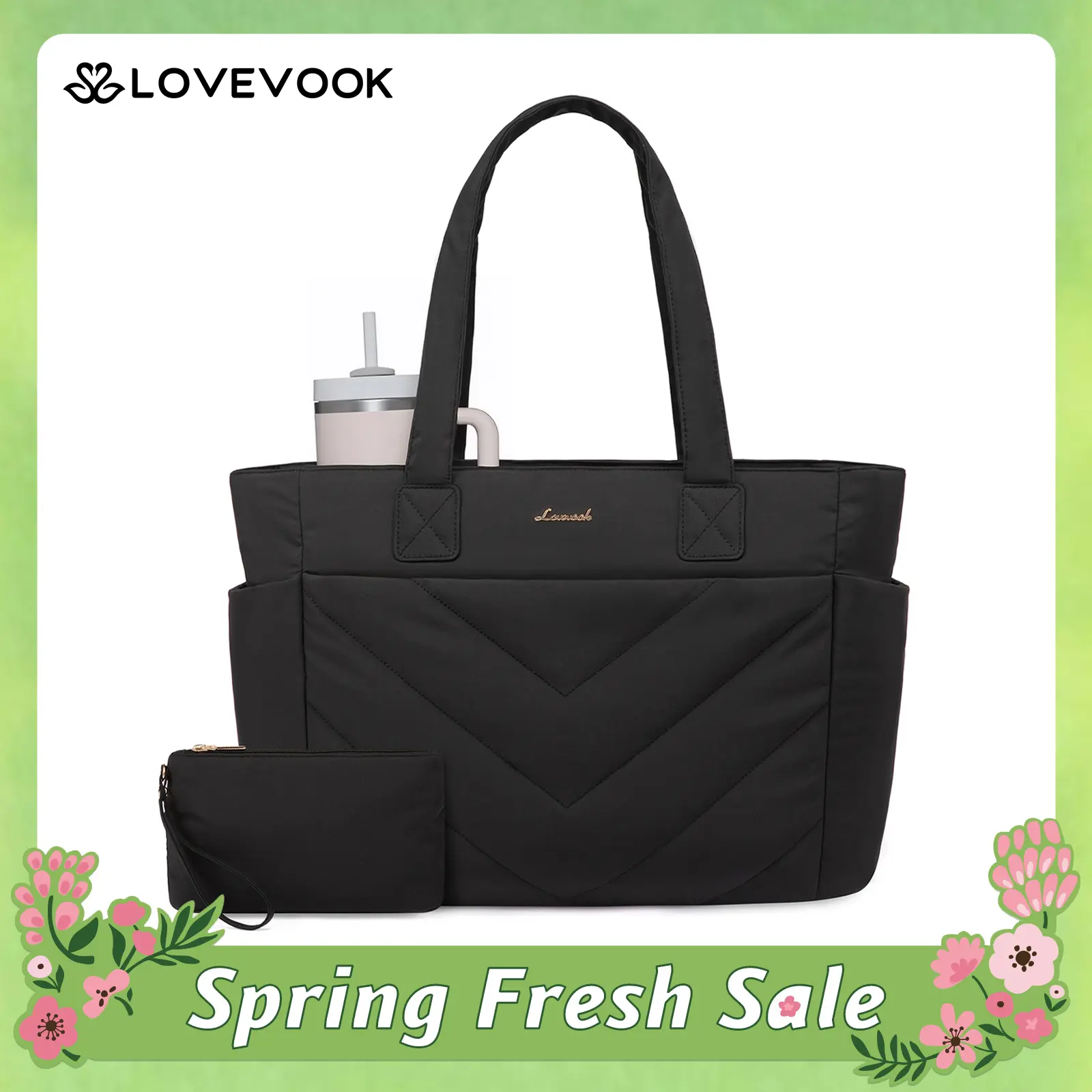 LOVEVOOK Puffer Tote Bag for Women,  Lightweight 15.6'' and 17.3'' Puffy Bag with Multi Compartments, Quilted Shoulder Bag Handbag for Travel, Work,Commuting, EVeryday Bag.Christmas Gift Idea, TikTokShopBackToSchool