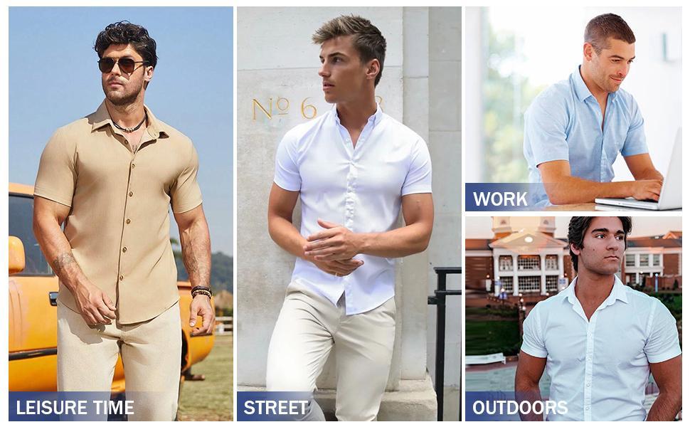 2-Pack AMZPURE Men's Stretch Slim Muscle Fit Short Sleeve Dress Shirts Casual Button-Down Style Perfect Menswear for Dad,back to school,back to school shopping sohochic style