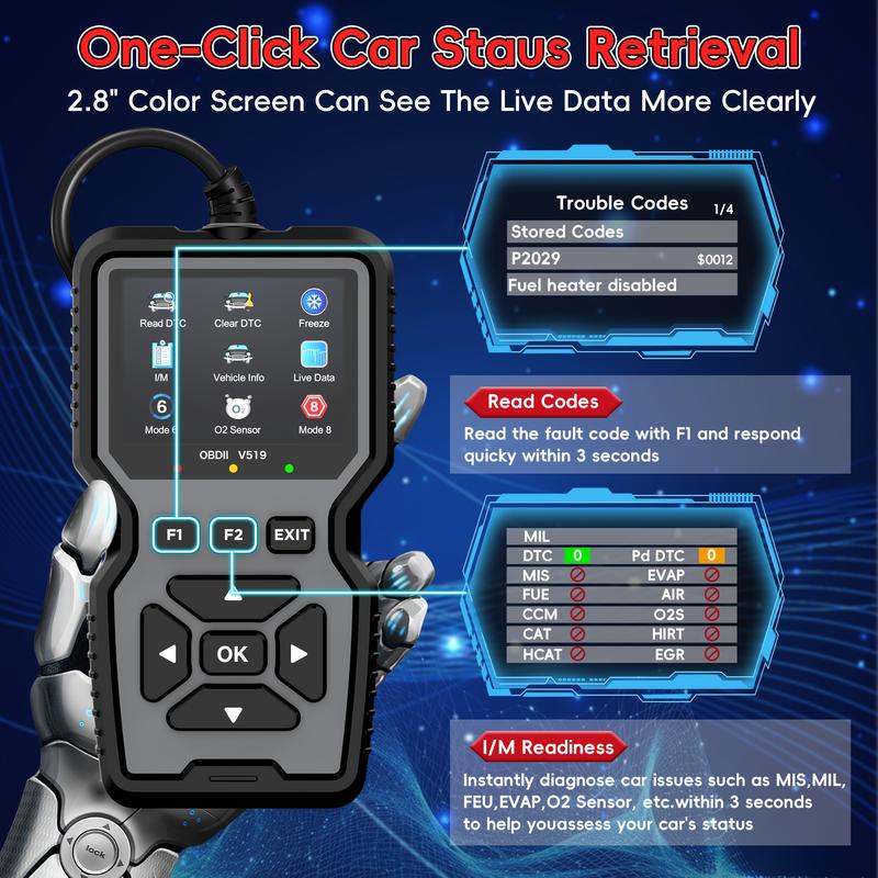 V519  OBD2 Car Scanner – Professional Engine Fault Code Reader with Comprehensive Diagnostic Functions, Reset Feature, I/M Readiness Support, 10 Language Modes, USB-Powered Design – Must-Have for Car Owners & Mechanics