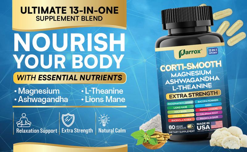 Corti-Smooth Magnesium Supplement - Parrox 13 in 1 Cortisol Supplement with Ashwagandha, L-Theanine & More Natural Ingredients - Made in USA - 60 Capsules Corti-Smooth Magnesium Supplement - Parrox 13 in 1 Cortisol Supplement with Ashwagandha, L-Theanine & More Natural Ingredients - Made in USA - 60 Capsules
