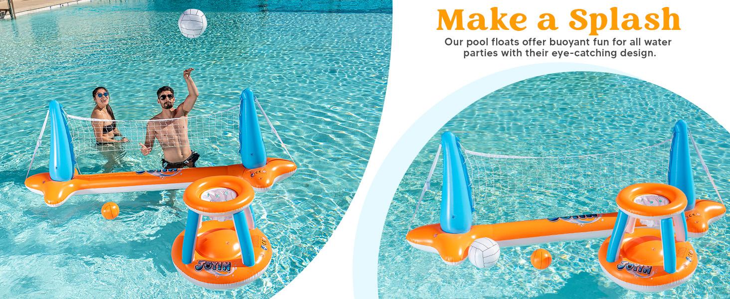 Inflatable Pool Float Set Volleyball Net & Basketball Hoops, Floating Swimming Game Toy for Kids and Adults, Summer Floaties, Volleyball Court (L-105”x35”; XL-125”x38” )|Basketball (L-27.6”x23”; XL-27”x29”), Father's Day Gifts TikTokShopSummerTurnup