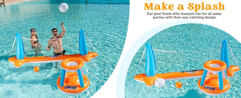 Inflatable Pool Float Set Volleyball Net & Basketball Hoops, Floating Swimming Game Toy for Kids and Adults, Summer Floaties, Volleyball Court (L-105”x35”; XL-125”x38” )|Basketball (L-27.6”x23”; XL-27”x29”), Father's Day Gifts TikTokShopSummerTurnup