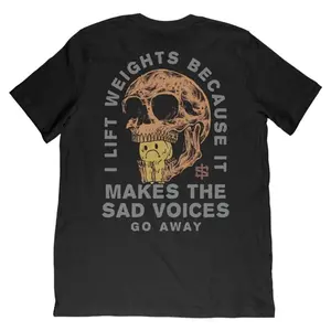Women's Casual Short-Sleeve Cotton Jersey Top, Smooth Seamless Crew Neck T-Shirt with "I Lift Weights Because It Makes Sad Voices Go Away" Graphics