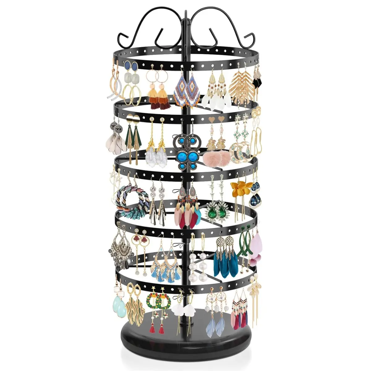 5 Tier Rotating Earring Holder Organizer | Adjustable Metal Earring Display Stand Rack for Women Girl | 400 Holes and Grooves Earring Tower Tree Organizer for Necklaces stud Ring(Black), earring holder organizer