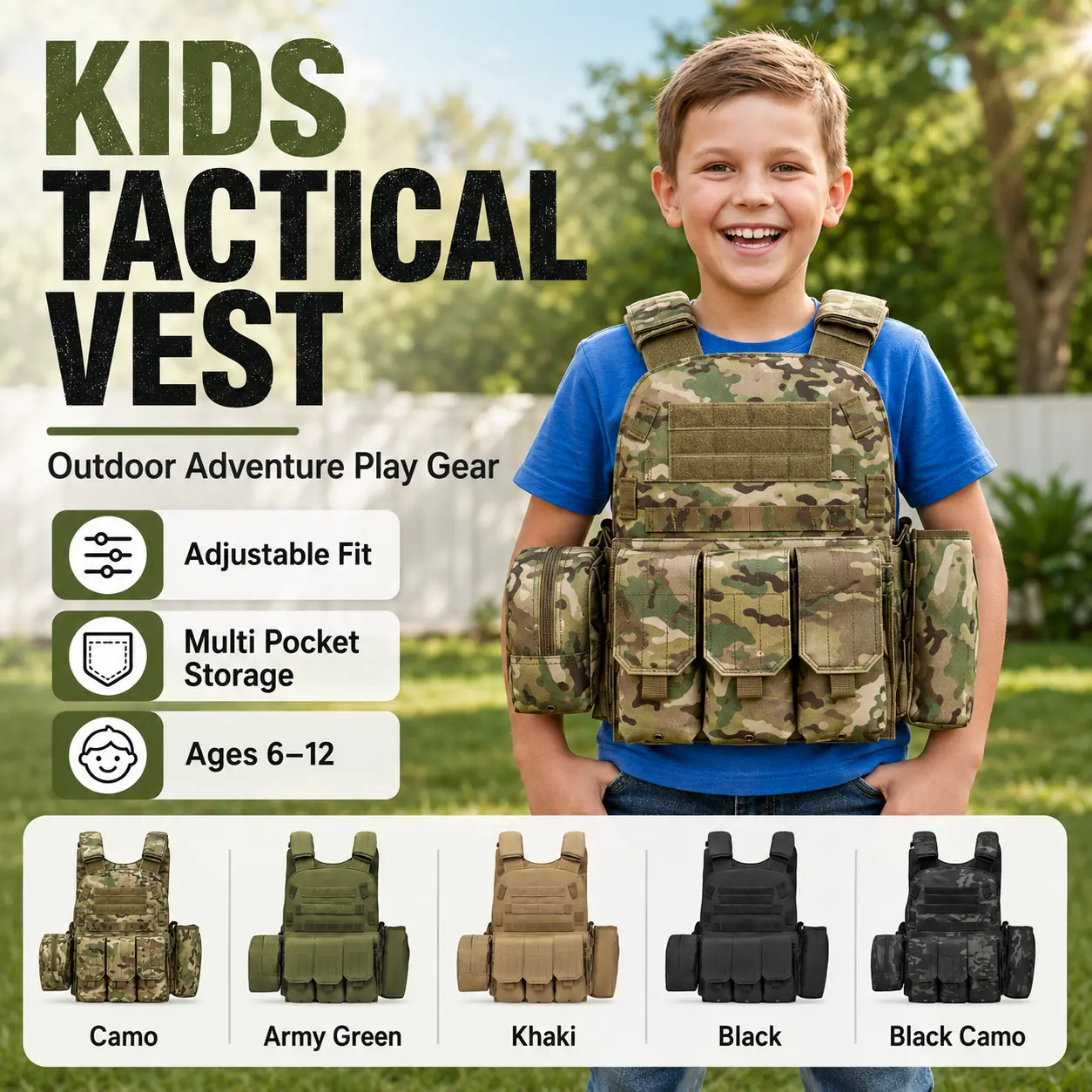 Kids Tactical-Style Play Vest, Adjustable 600D Oxford Outdoor Adventure Vest for Ages 6-12, Multi-Pocket Foam Dart Game Vest, Lightweight Pretend Play Gear for Backyard Games, Camping, Halloween Costume, Birthday Gift
