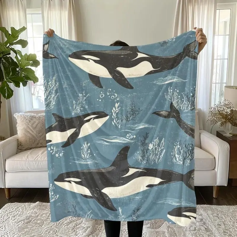 Soft Funny Throw Blanket Orca Killer Whale Plush Underwater Sea Animal Lovernket Flannel Fleece Digital Print For Sofa Bed Travel All-Season Cozy Office Living Room