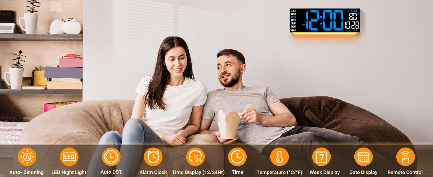 Large Screen Digital Wall Clock, Wired LED Alarm Clock with Remote Control, Date Week Temperature Humidity Display, Auto DST & Countdown Function, Suitable for Bedroom, Living Room, Classroom & Office, Ideal Gift for Father's Day, Digital Clock Decor, Lig