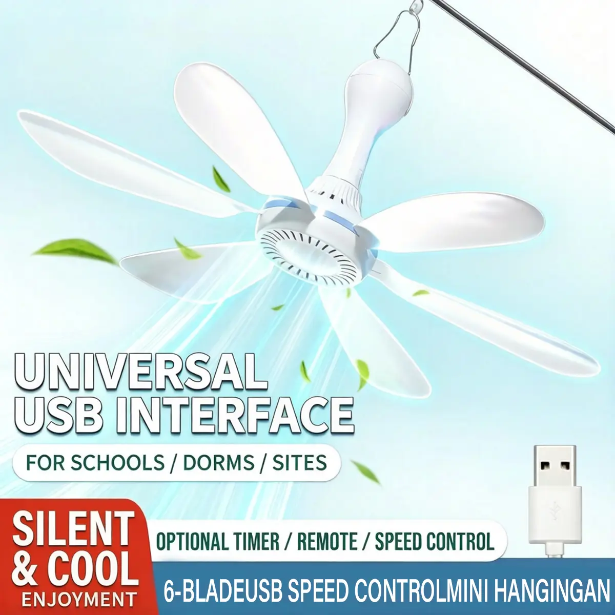USB Ceiling Fan with Remote & Timer, 4-Speed Quiet 7W Air Circulator Fan, Detachable Blades for Camping RV Tent Dorm Grow Tent Power Outage Use