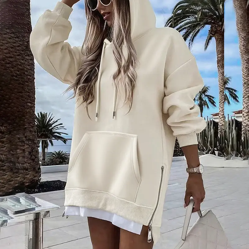 CHICME Long Sleeve Pocket Design Pullover Sweatshirt Casual Faux Two Piece Longline Drawstring Hooded Oversized Fall Top Womenswear Essential Hoodie for BacktoSchool