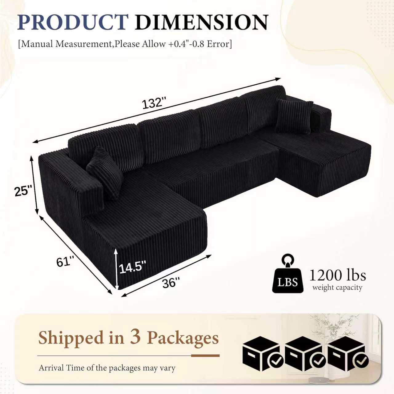 【New Year Sales】 Niccae 132'' U-Shape Oversized Cloud Couch – Corduroy Modular Sectional Sofa with 4 Large Cushions and 2 Small Pillows, No Assembly Needed, Deep Seat Boneless Upholstered Couches for Living Room, Cozy & Stylish