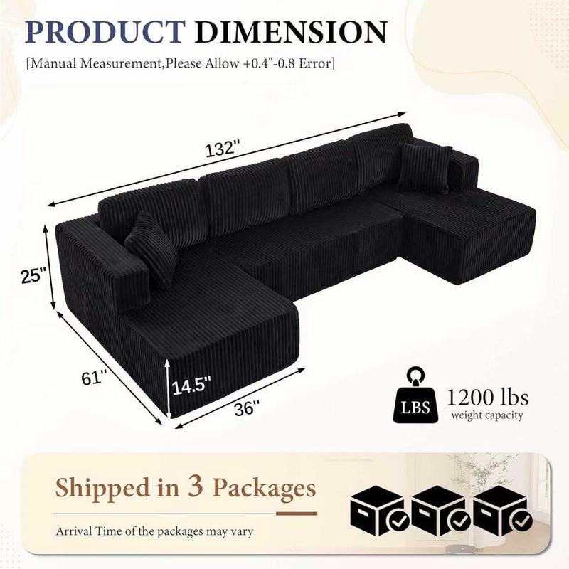 【New Year Sales】 Niccae 132'' U-Shape Oversized Cloud Couch – Corduroy Modular Sectional Sofa with 4 Large Cushions and 2 Small Pillows, No Assembly Needed, Deep Seat Boneless Upholstered Couches for Living Room, Cozy & Stylish