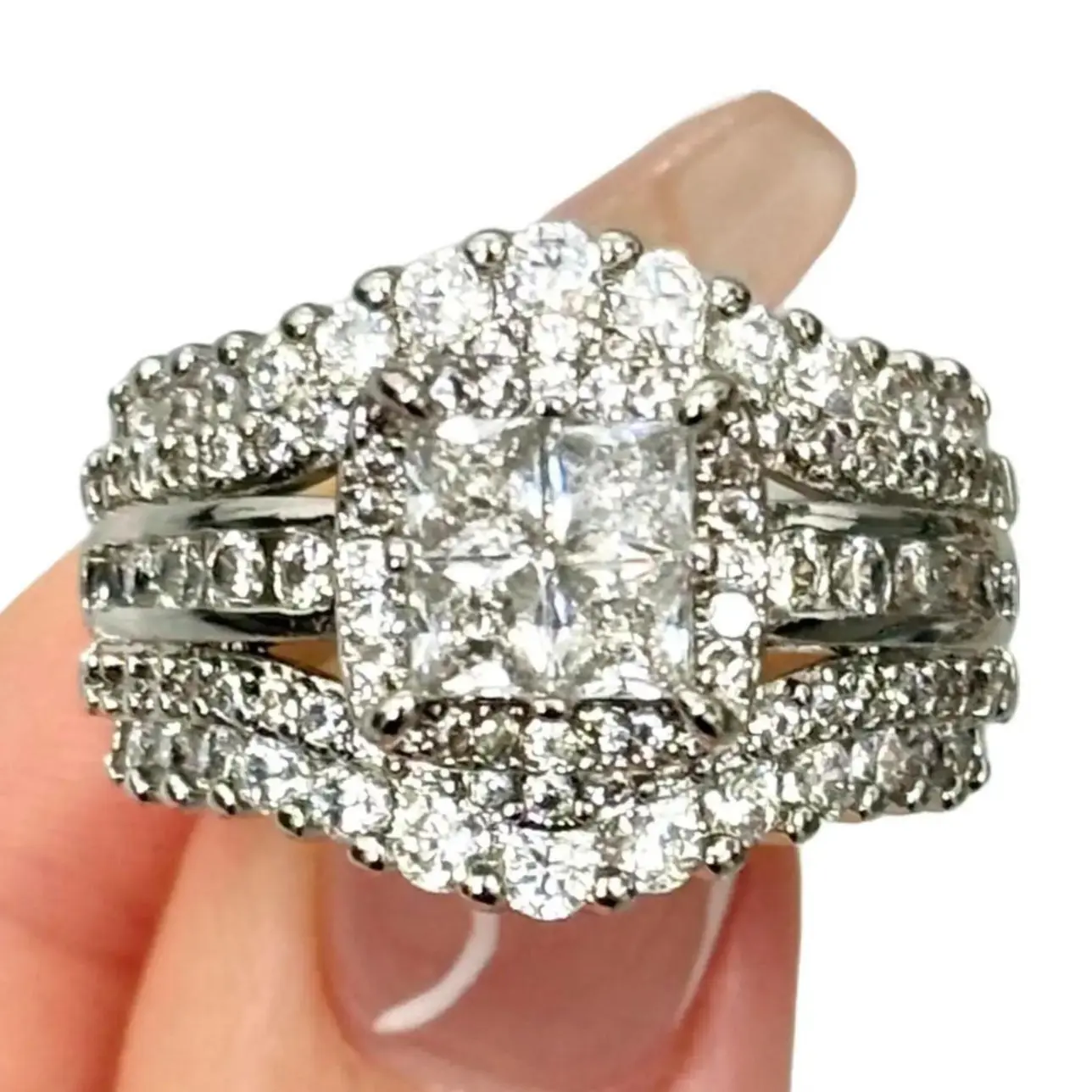 Square Five-in-One Ring for Women, S925 Sterling Silver Micro Pave CZ Stones Halo Design - Perfect Gift for Girlfriend or Wife Jewelry Elegant Daily Wear Stunning Luxurious band bridal wide lab-created engagement wedding gift brilliant shine blue green