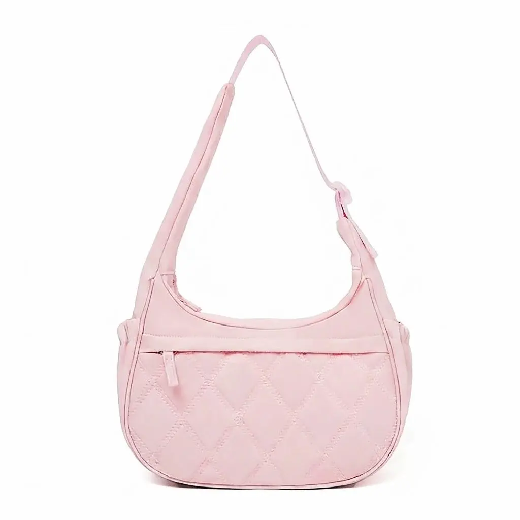 Quilted Down Bags Women's Casual Crescent Shoulder Bag, Soft Quilted Nylon Lightweight Everyday Organizer with Multiple Pockets - Pink, Casual Shoulder Bag, Half Moon Bag