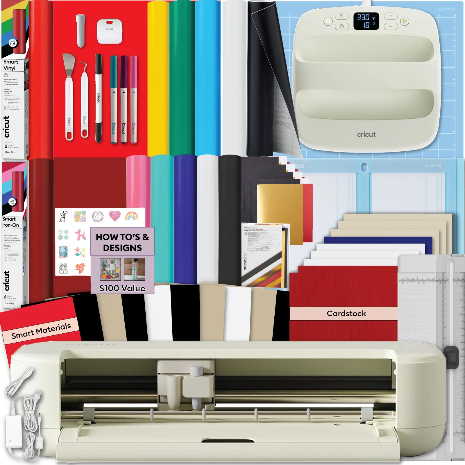 Cricut Explore 5 Essentials Machine Bundle with EasyPress 9x9, Rainbow Smart Vinyl & Smart Iron-On and 100+ Project Design Guide - DIY Cutting Machine for Vinyl, HTV, T-Shirts & Home Decor